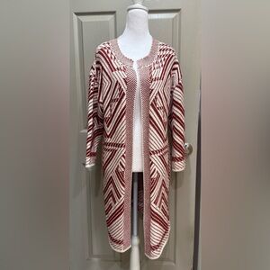 MASSIMO DUTTI Women’s Long Gilet Cardigan Cream & Red Cotton Blend Sz M Medium